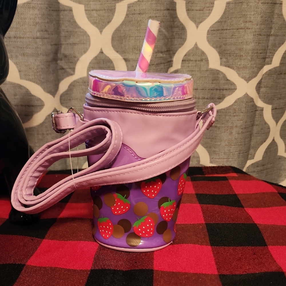 NWOT Claires  Strawberry Bobba Tea Irridescent Crossbody Bag
